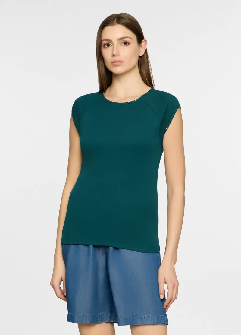 T-shirt Girocollo In Costina Donna, Verde smeraldo