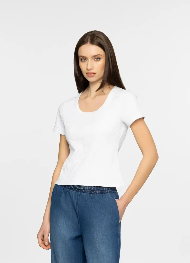 T-shirt Girocollo In Costina Stretch Donna, Bianco gesso