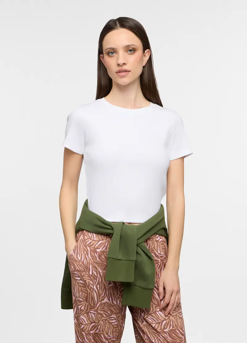 T-shirt Girocollo In Costina Stretch Donna, Bianco gesso