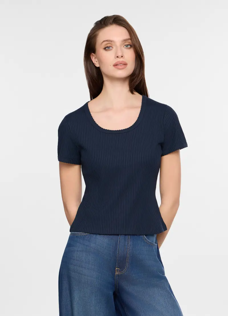 T-shirt Girocollo In Costina Stretch Donna, Blu navy