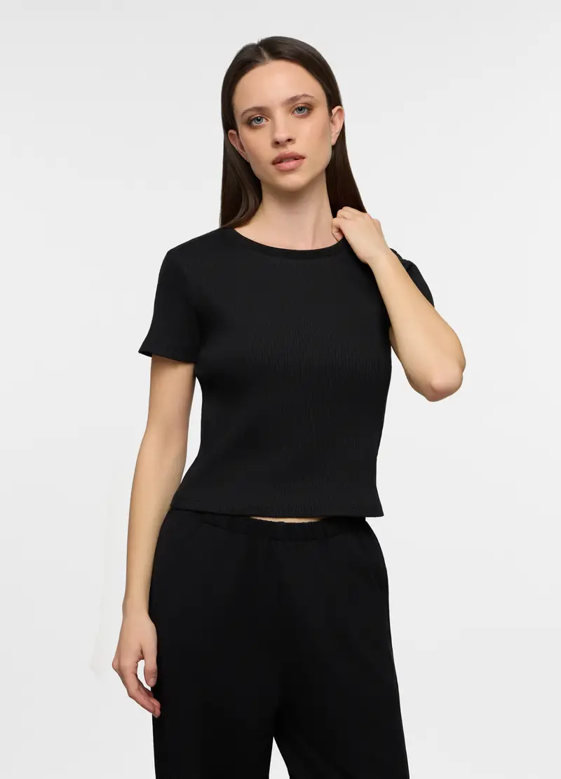 T-shirt Girocollo In Costina Stretch Donna, Nero