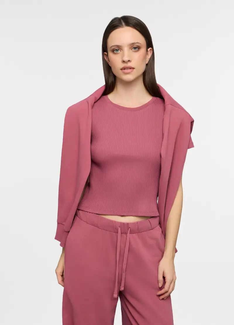 T-shirt Girocollo In Costina Stretch Donna, Rosa scuro