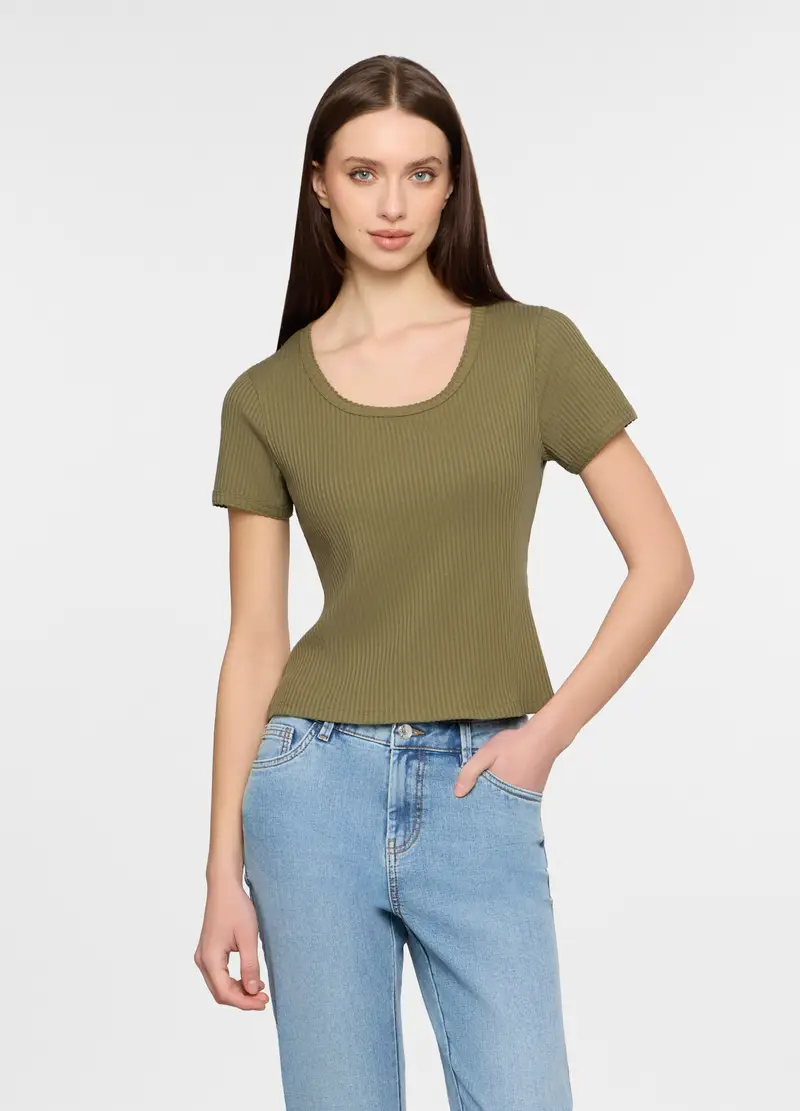 T-shirt Girocollo In Costina Stretch Donna, Verde oliva