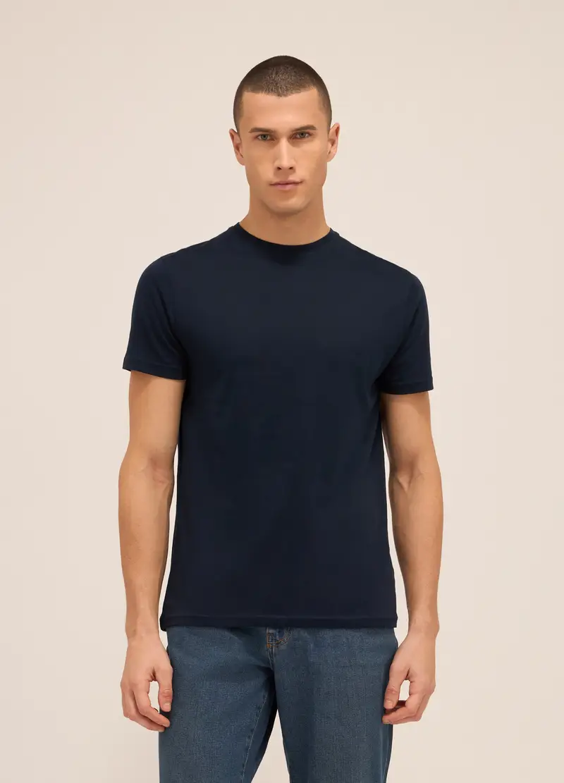 T-shirt Girocollo In Jersey Di Puro Cotone Uomo, Unisex, Blu scuro