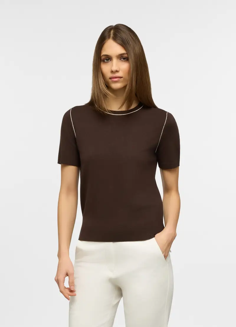 T-shirt Girocollo In Maglia Rasata Donna, Marrone cioccolato