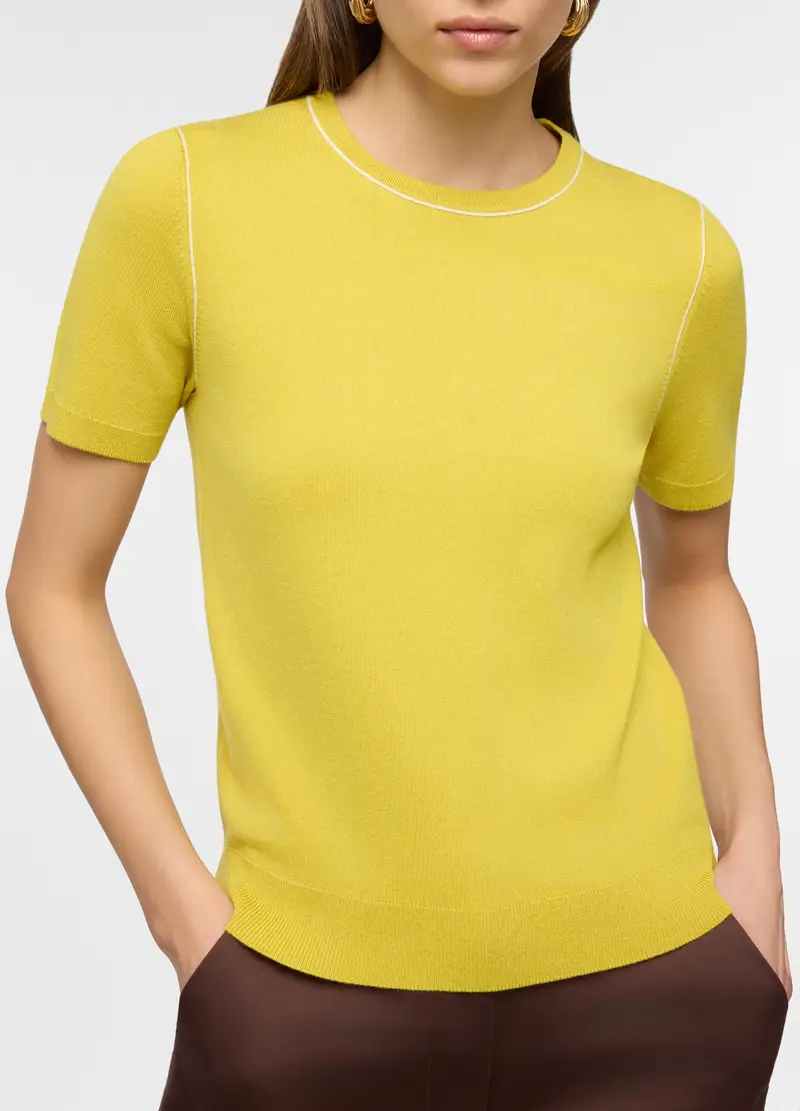 T-shirt Girocollo In Maglia Rasata Donna, Verde acido miniatura 3