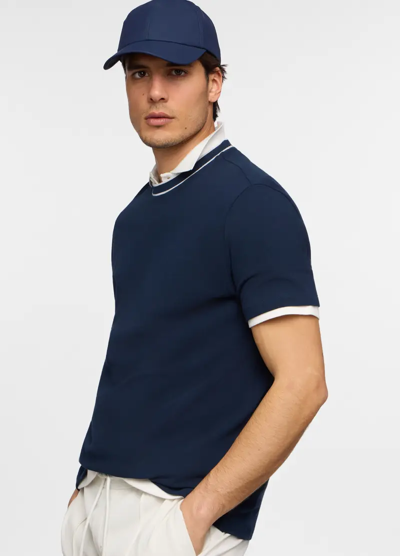 T-shirt Girocollo In Piquet Di Cotone Uomo, Unisex, Blu scuro