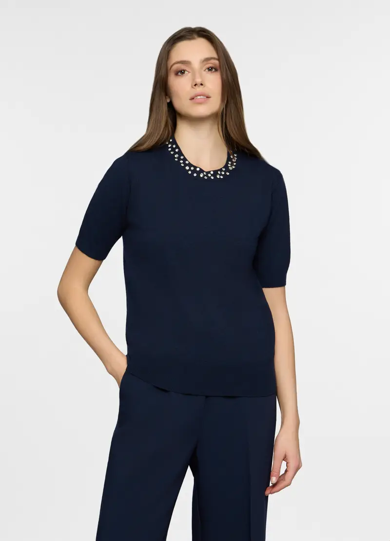 T-shirt Girocollo Misto Lana Donna, Blu navy