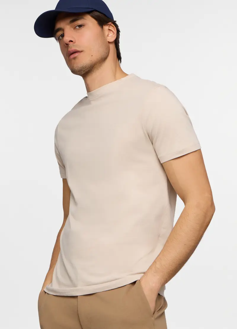 T-shirt Girocollo Slim Fit In Cotone Uomo, Unisex, Beige