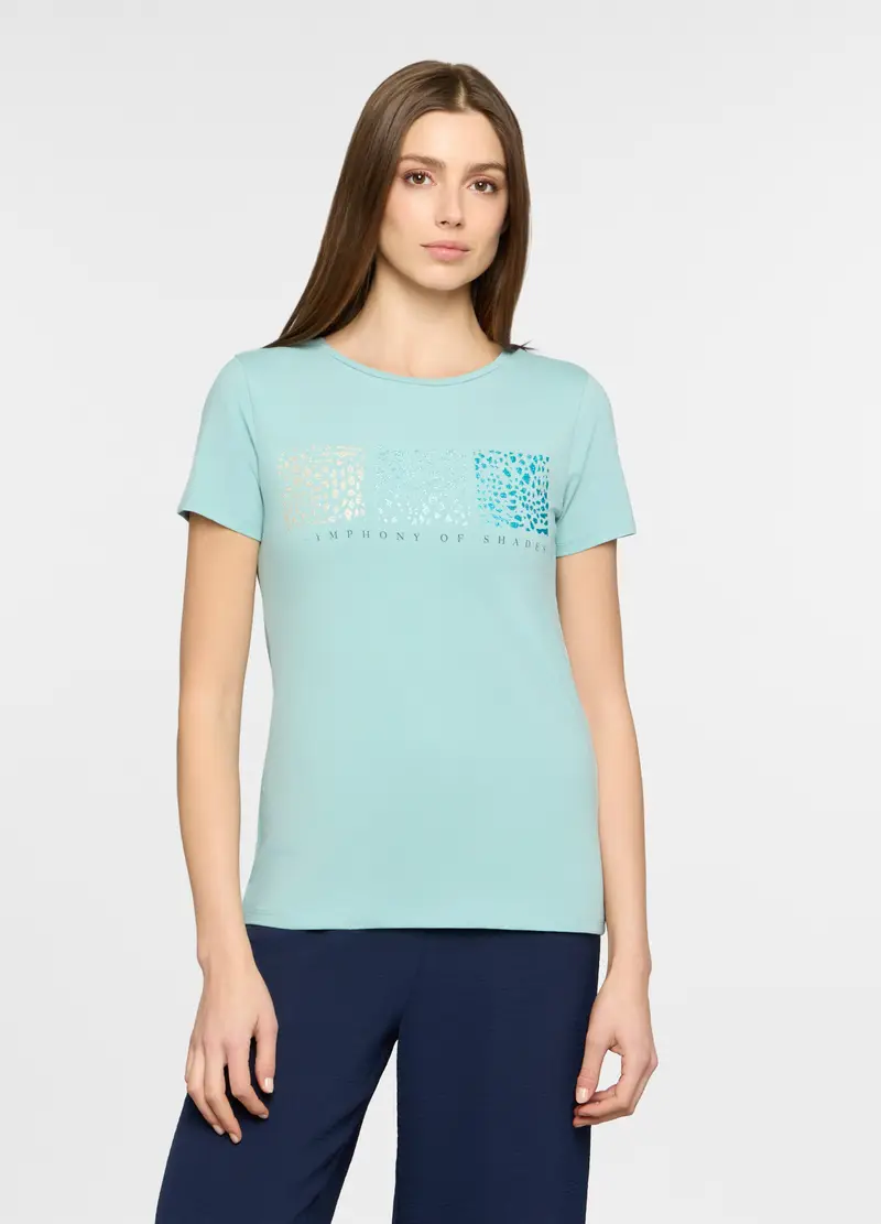 T-shirt Girocollo Stretch Donna, Azzurro acquamarina