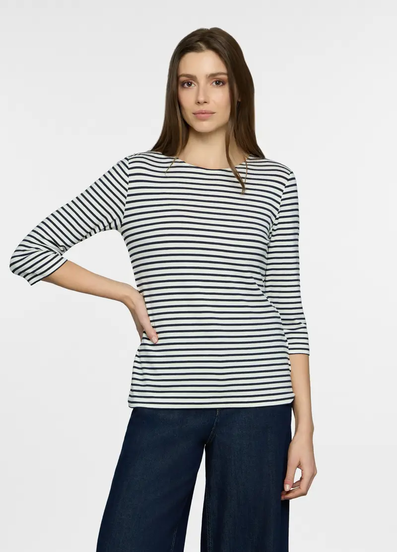 T-shirt Girocollo Stretch Donna, Bianco/Blu