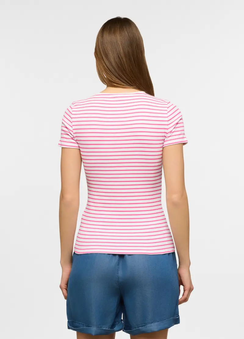 T-shirt Girocollo Stretch Donna, Bianco/Rosa miniatura 2
