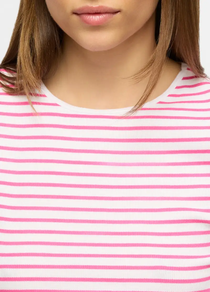 T-shirt Girocollo Stretch Donna, Bianco/Rosa miniatura 3