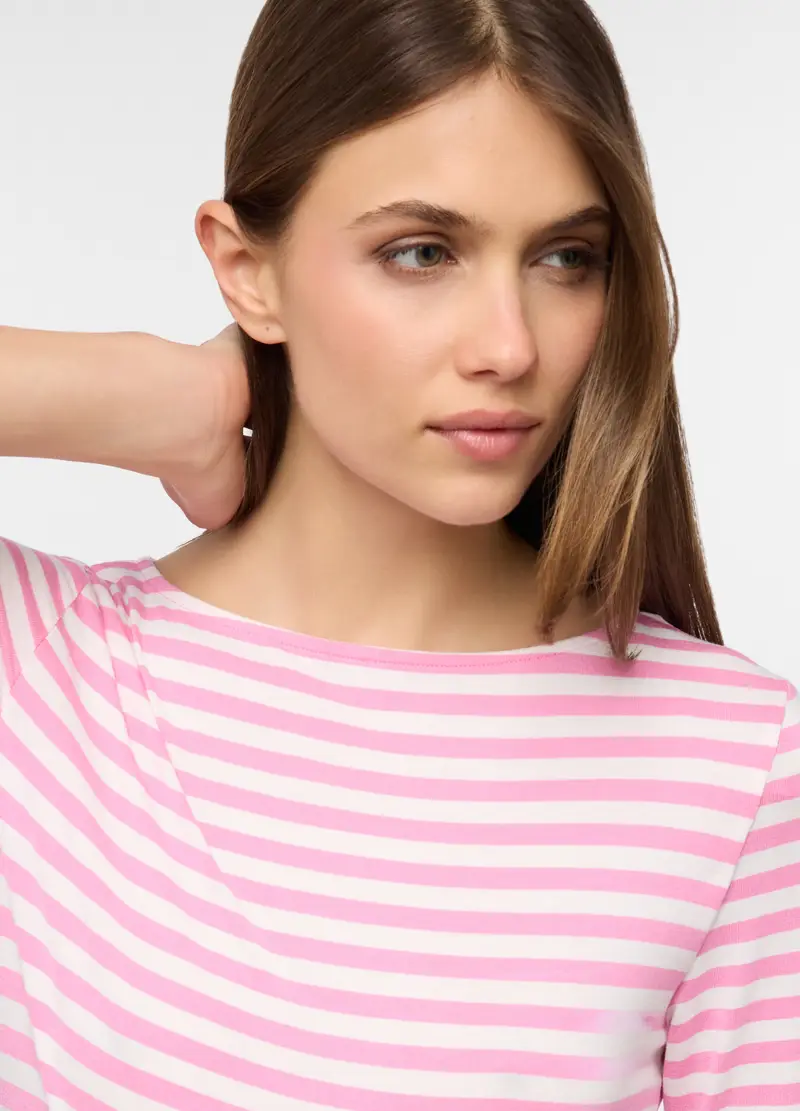 T-shirt Girocollo Stretch Donna, Bianco/Rosa miniatura 3