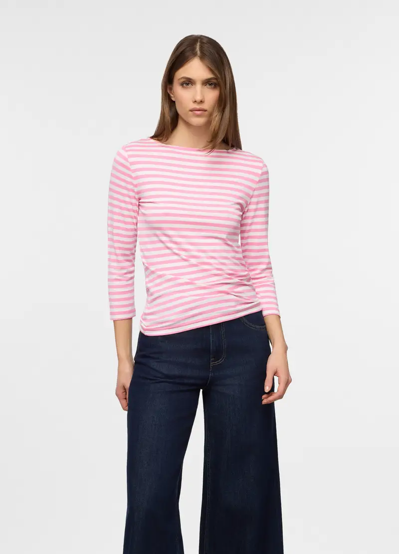 T-shirt Girocollo Stretch Donna, Bianco/Rosa