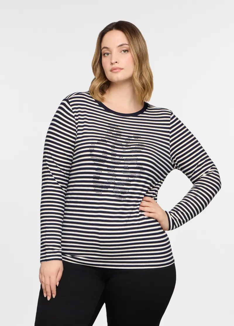 T-shirt Girocollo Stretch Donna Curvy, Bianco/Blu