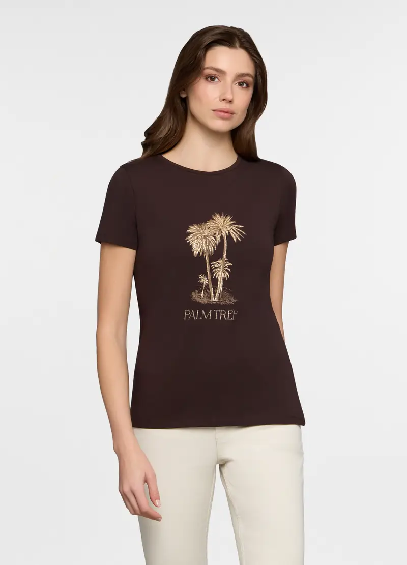 T-shirt Girocollo Stretch Donna, Marrone cioccolato