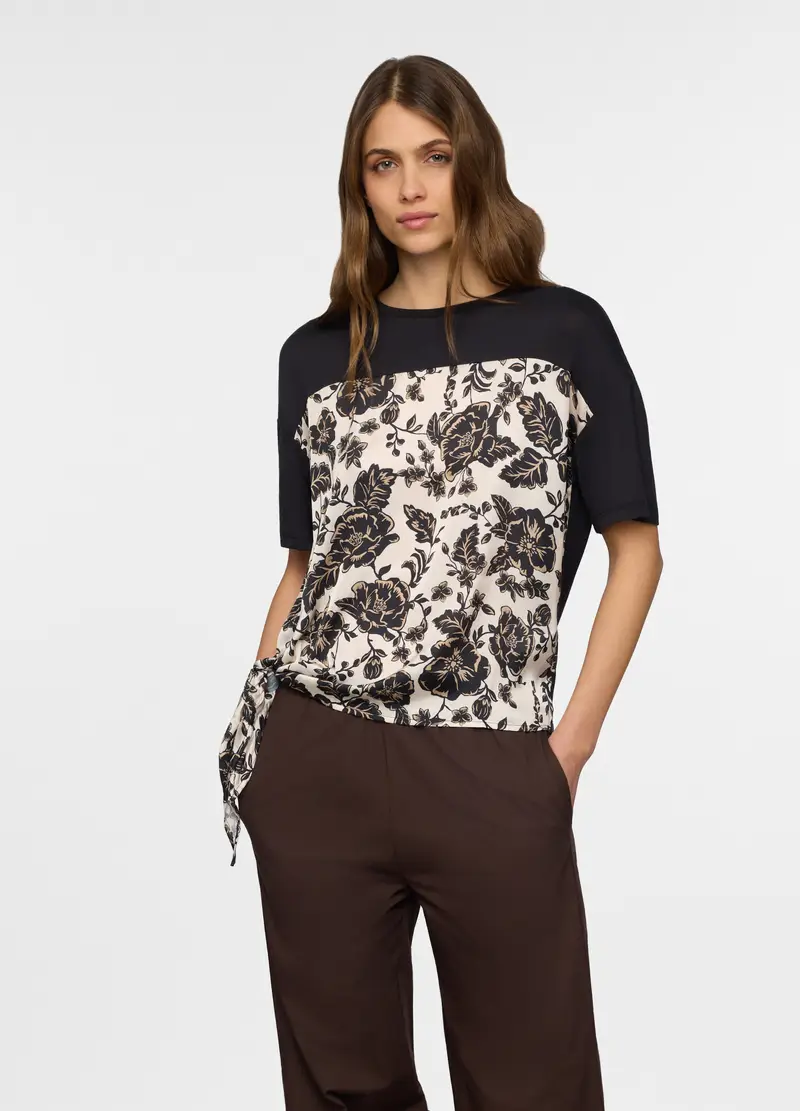 T-shirt Girocollo Stretch Donna, Nero/beige