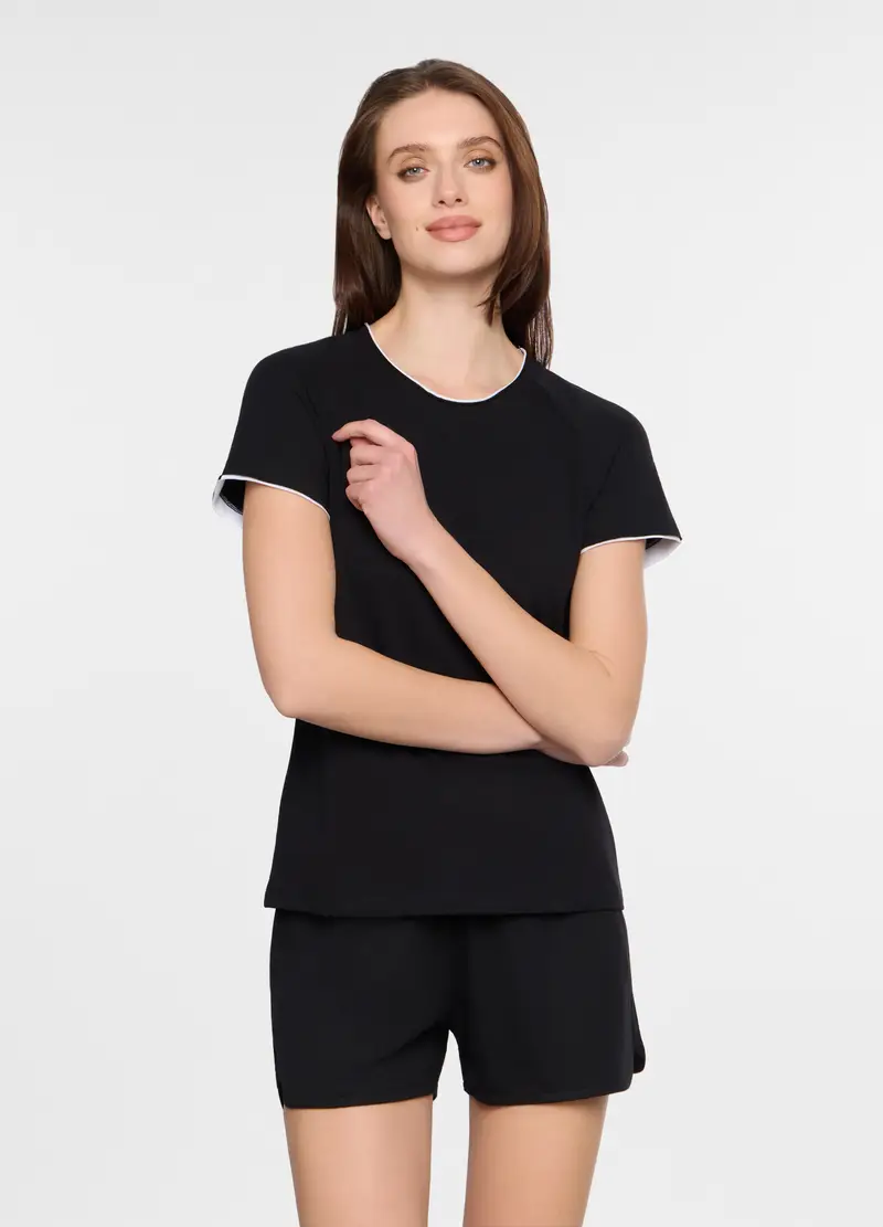 T-shirt Girocollo Stretch Donna, Nero/Bianco