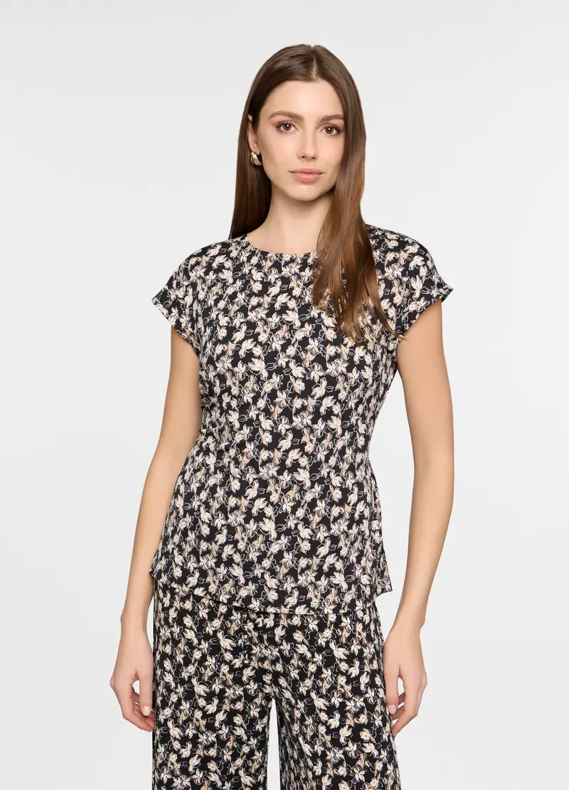 T-shirt Girocollo Stretch Donna, Nero stampa 1