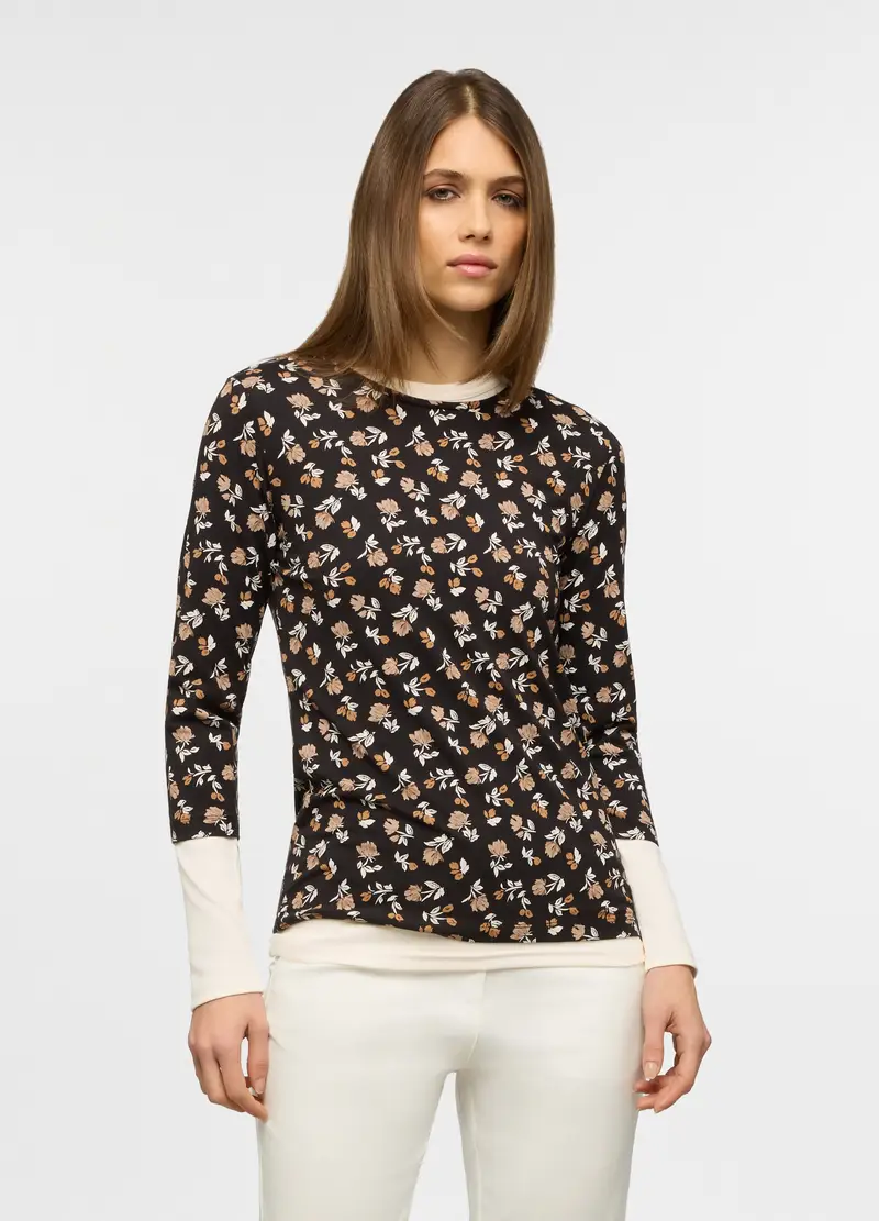 T-shirt Girocollo Stretch Donna, Nero stampa 1