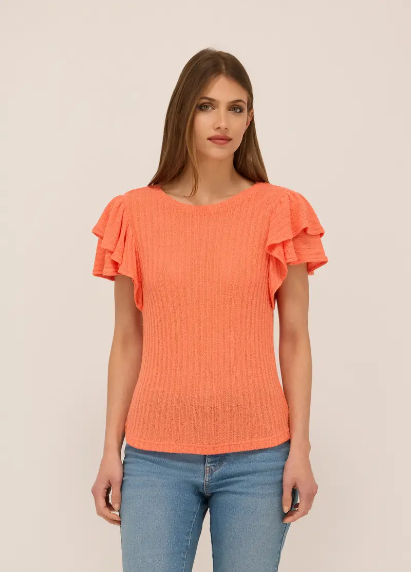 T-shirt In Costina Con Rouches Donna, Arancione tangerine