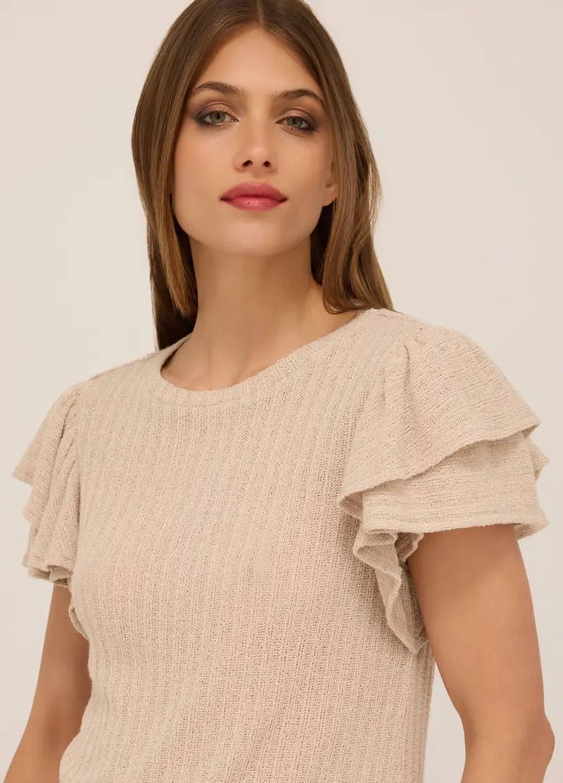 T-shirt In Costina Con Rouches Donna, Beige chiaro miniatura 3