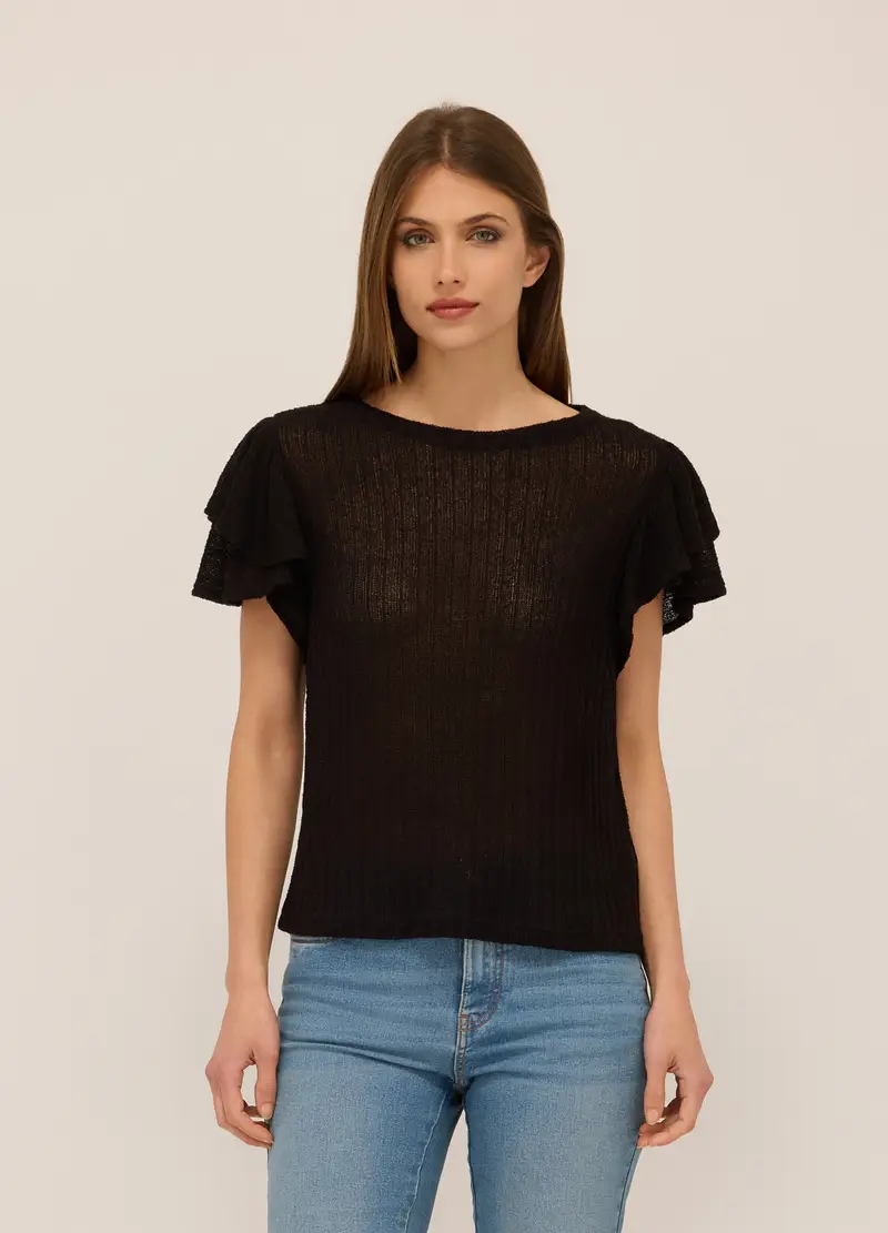 T-shirt In Costina Con Rouches Donna, Nero