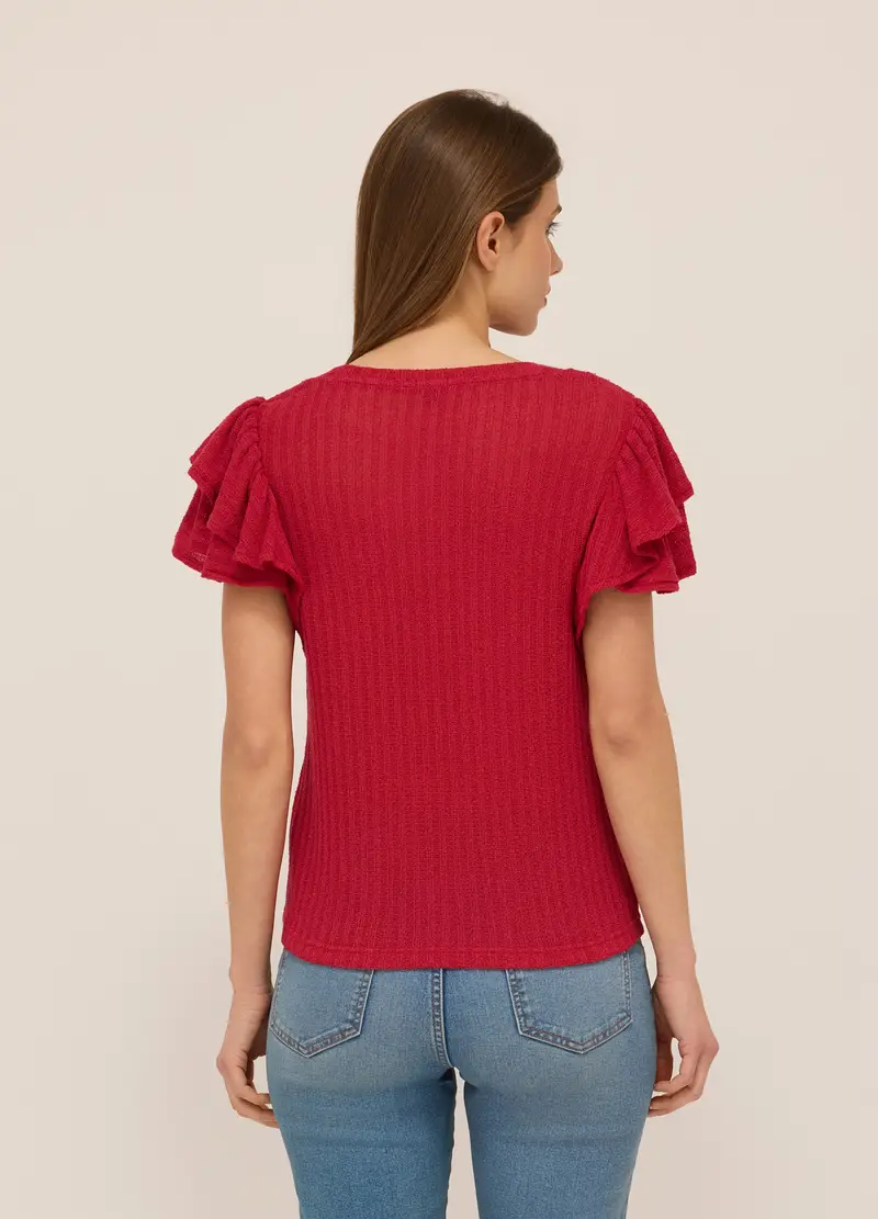 T-shirt In Costina Con Rouches Donna, Rosso aragosta miniatura 2