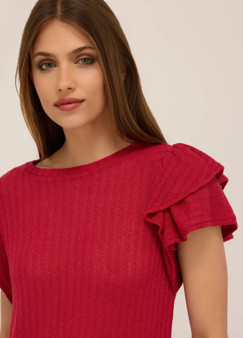 T-shirt In Costina Con Rouches Donna, Rosso aragosta miniatura 3