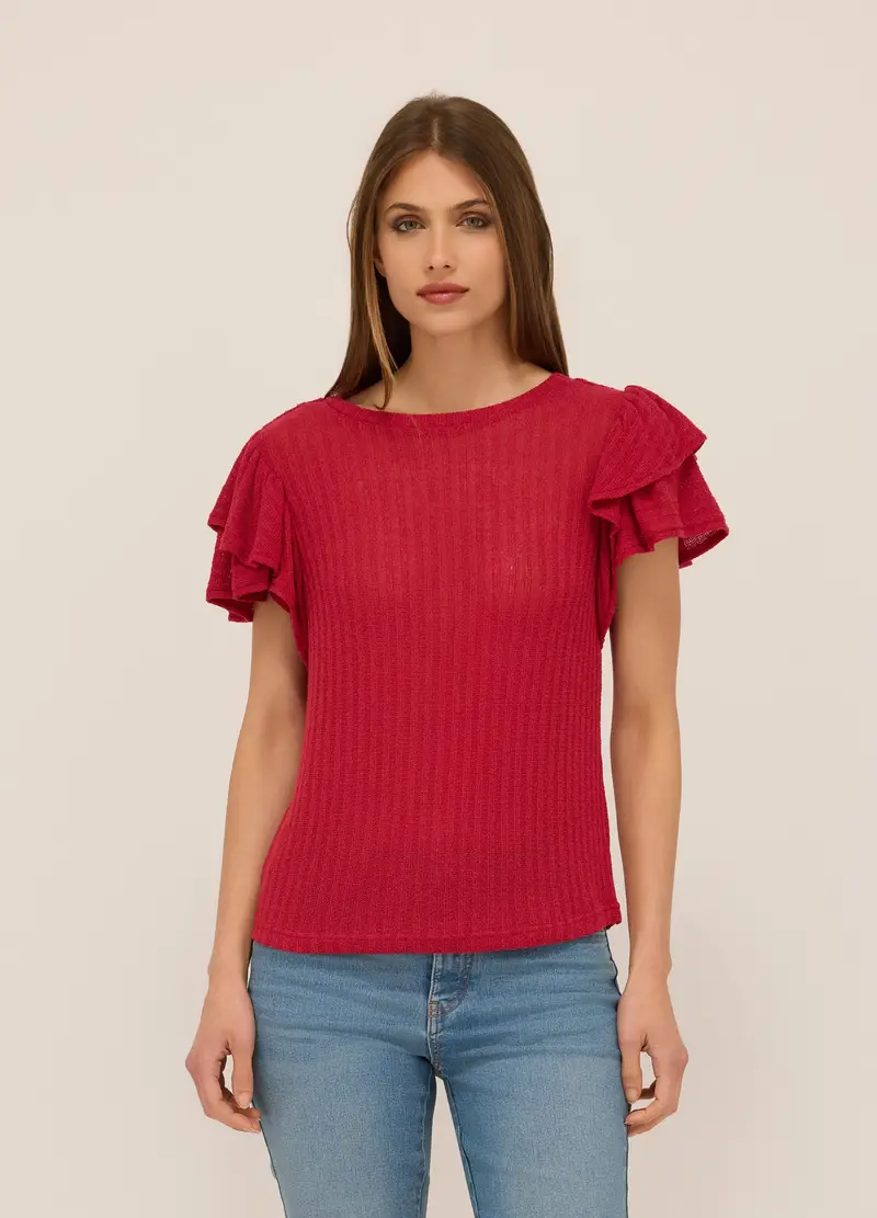 T-shirt In Costina Con Rouches Donna, Rosso aragosta