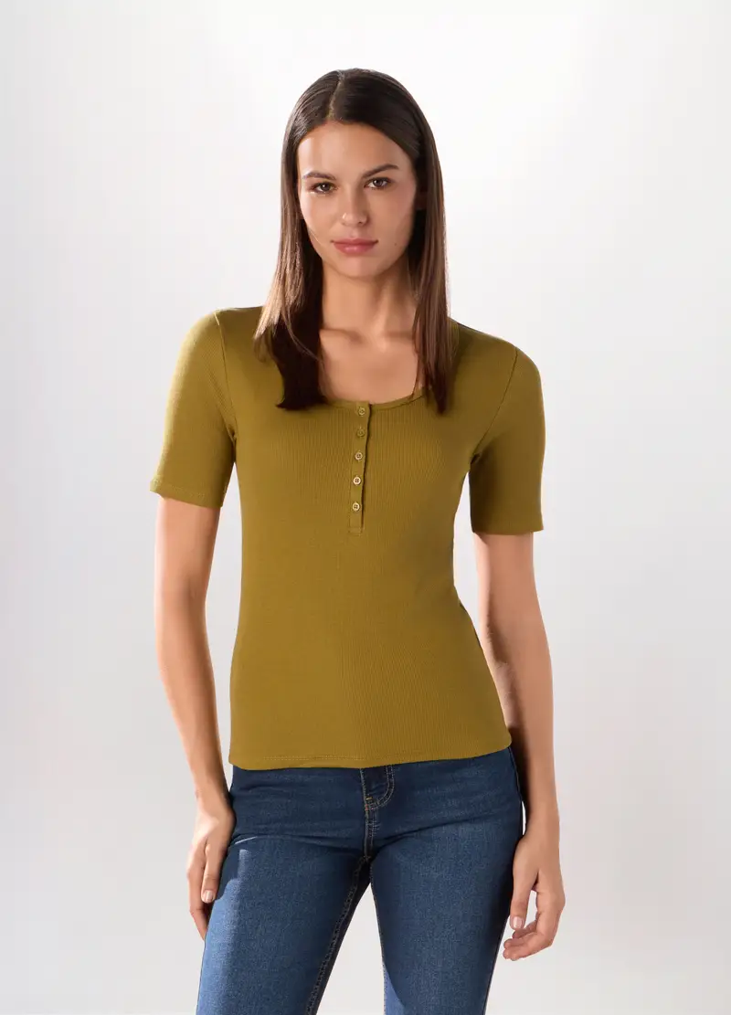 T-shirt In Costina Di Cotone Stretch Donna, Verde pistacchio
