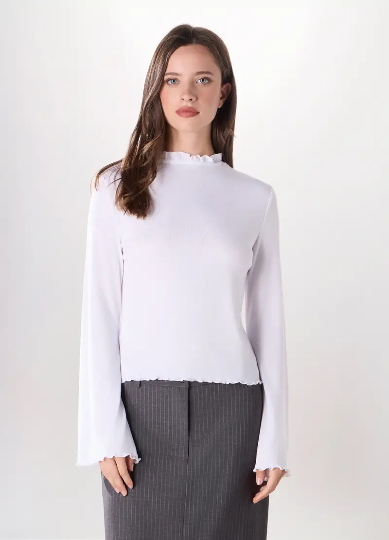 T-shirt In Costina Di Misto Viscosa Stretch Donna, Bianco gesso