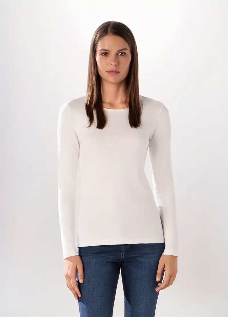 T-shirt In Costina Di Puro Cotone Donna, Bianco gesso