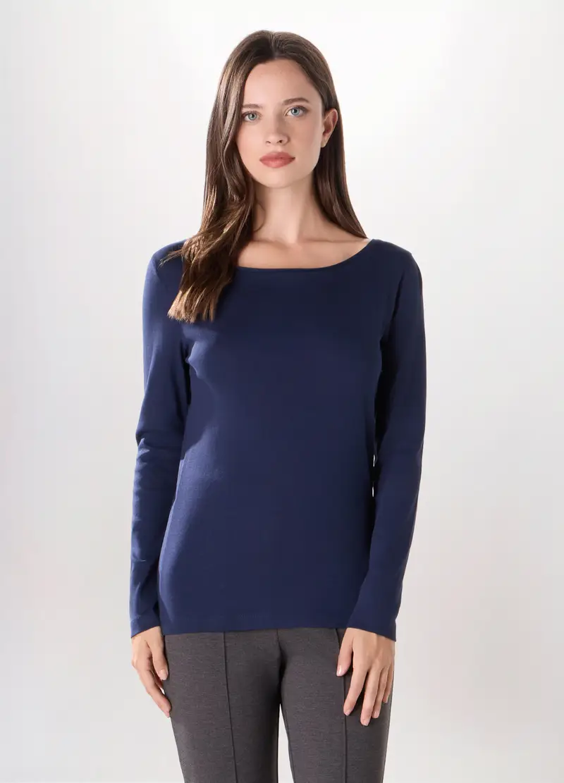 T-shirt In Costina Di Puro Cotone Donna, Blu navy