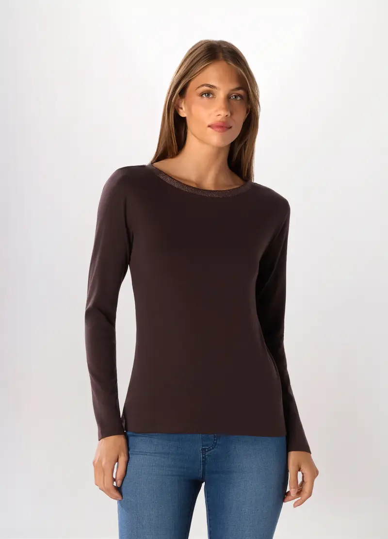 T-shirt In Costina Di Puro Cotone Donna, Marrone cioccolato