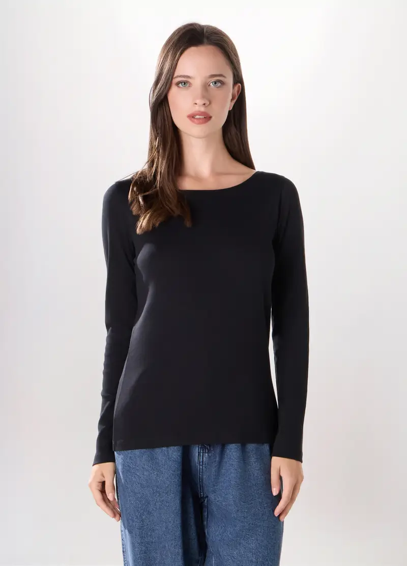 T-shirt In Costina Di Puro Cotone Donna, Nero