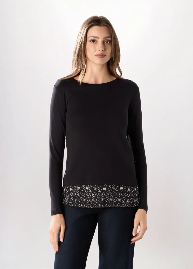 T-shirt In Costina Di Puro Cotone Donna, Nero