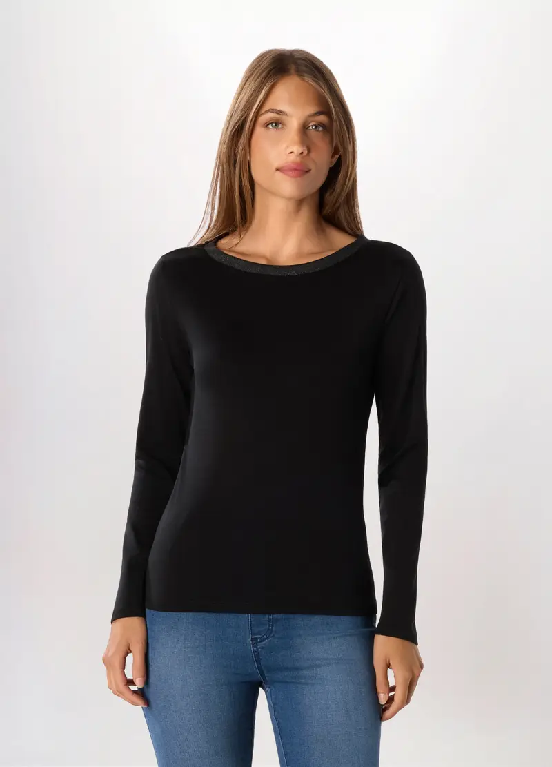 T-shirt In Costina Di Puro Cotone Donna, Nero