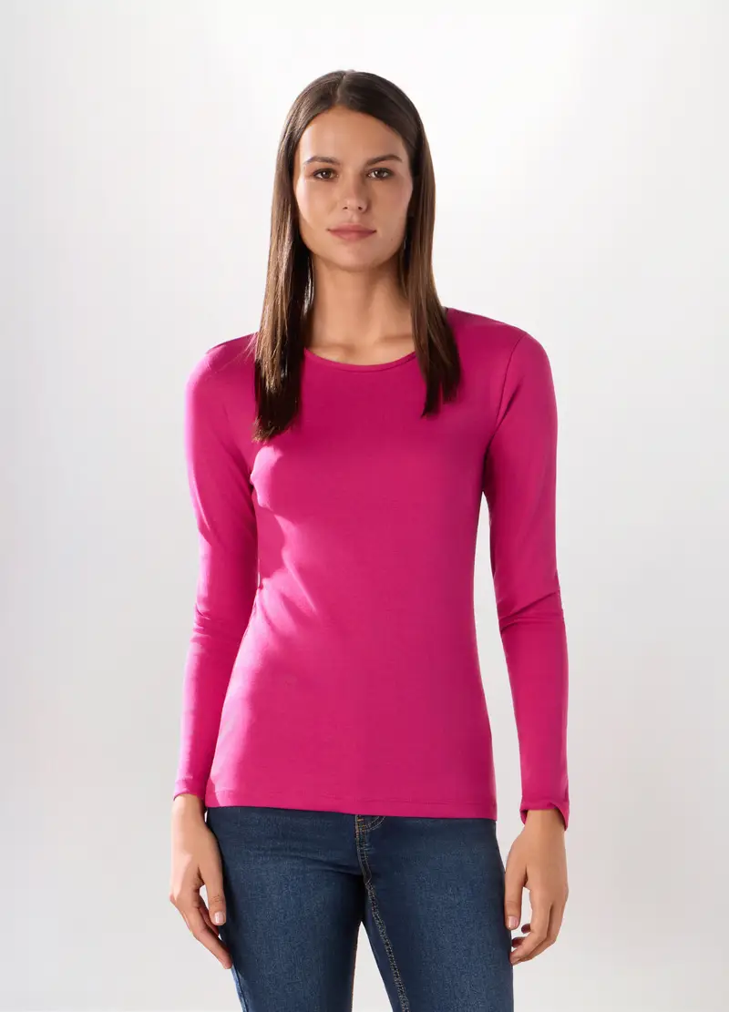 T-shirt In Costina Di Puro Cotone Donna, Rosa scuro