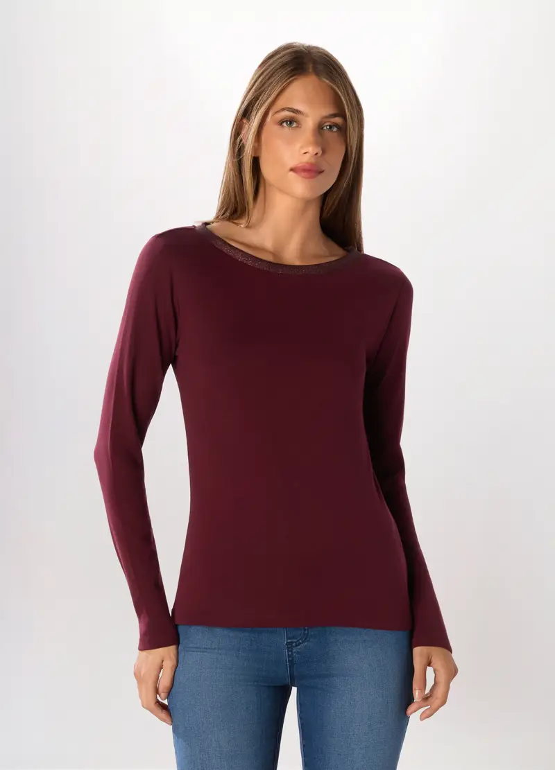 T-shirt In Costina Di Puro Cotone Donna, Rosso bordeaux