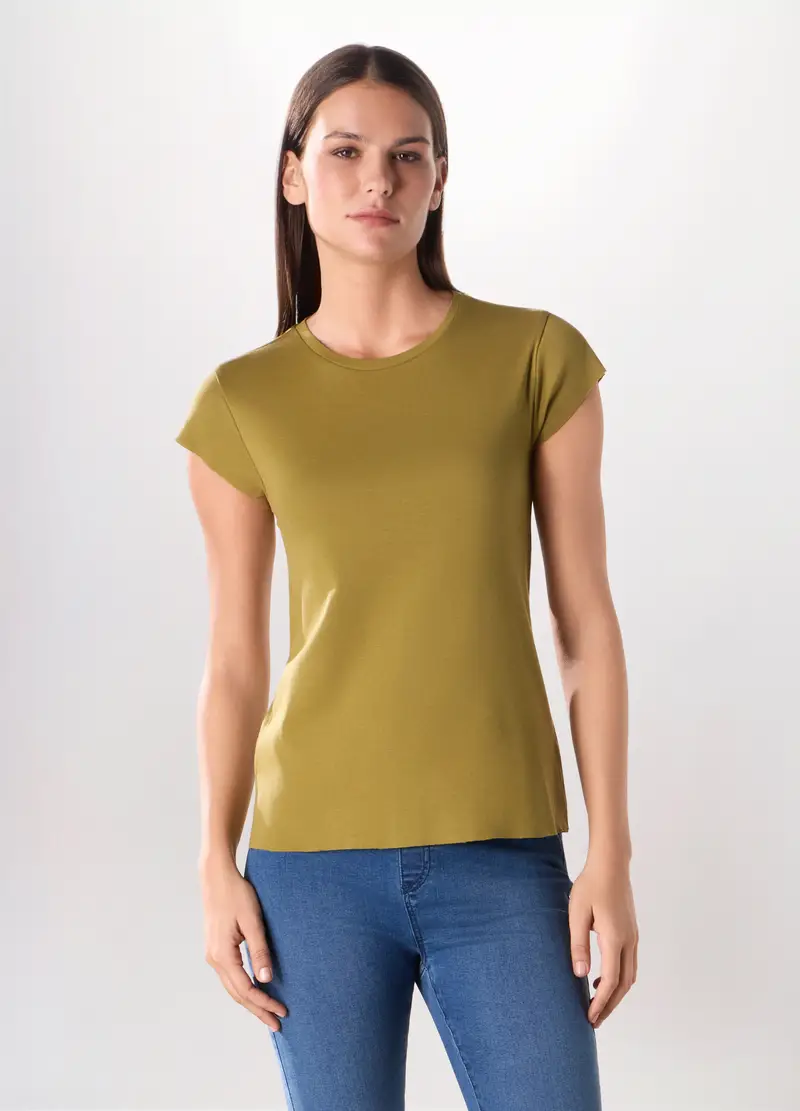 T-shirt In Costina Di Puro Cotone Donna, Verde oliva