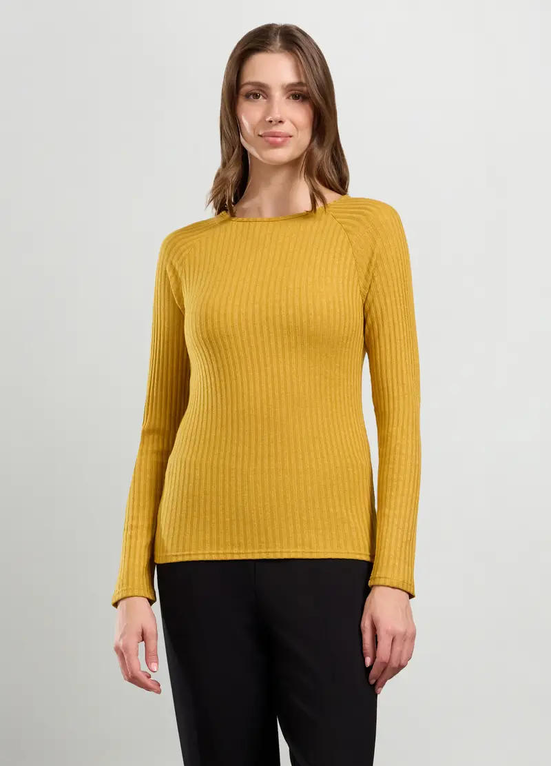 T-shirt In Costina Di Viscosa Stretch Donna, Giallo senape