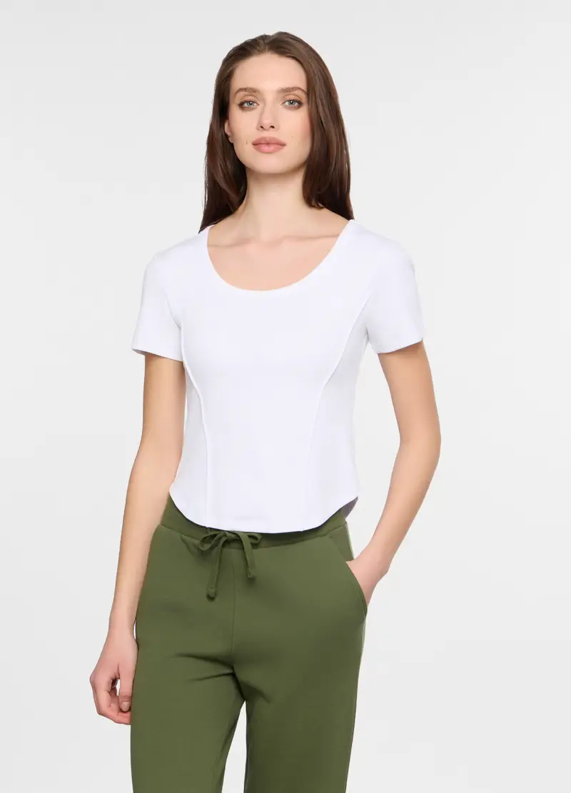 T-shirt In Costina Stretch Donna, Bianco gesso