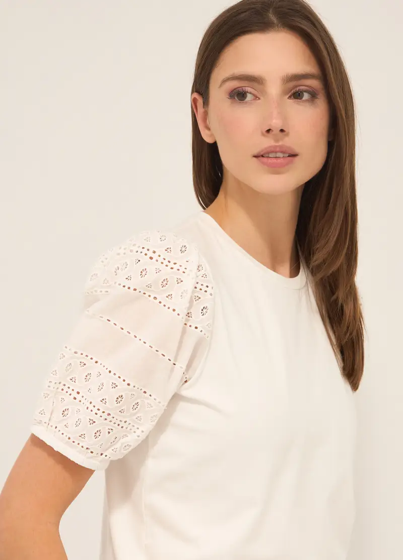 T-shirt In Cotone Stretch Donna, Bianco gesso miniatura 3