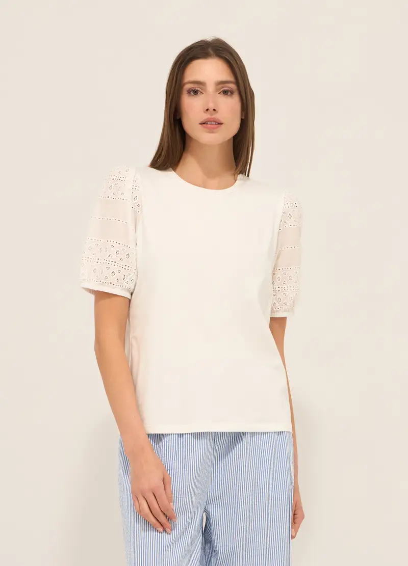 T-shirt In Cotone Stretch Donna, Bianco gesso