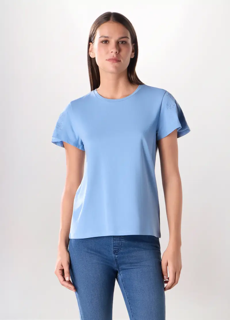 T-shirt In Jersey Di Cotone Stretch Donna, Azzurro chiaro