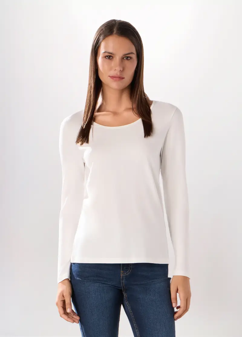 T-shirt In Jersey Di Cotone Stretch Donna, Bianco gesso