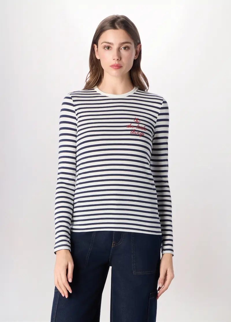 T-shirt In Jersey Di Cotone Stretch Donna, Blu navy