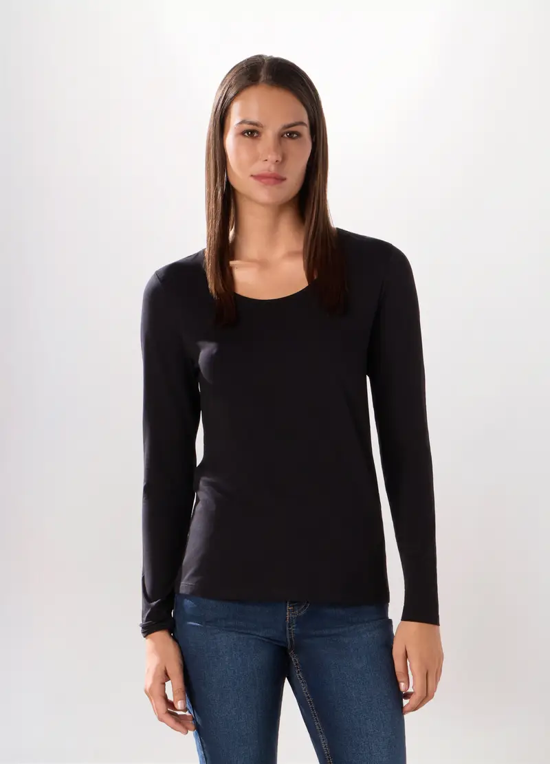 T-shirt In Jersey Di Cotone Stretch Donna, Nero